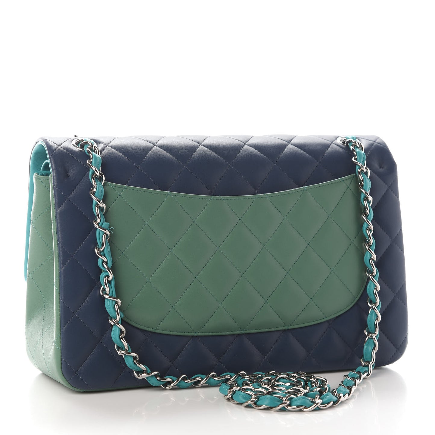 Lambskin Quilted Tri-Color Jumbo Double Flap Navy Blue Green