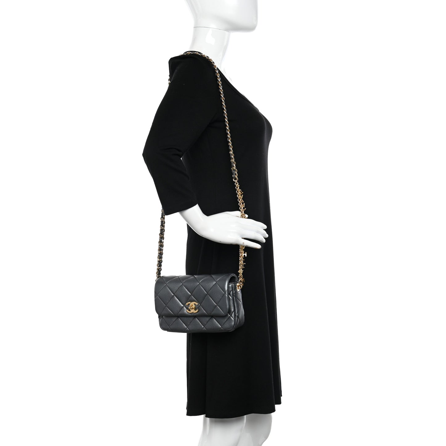 Metallic Lambskin Quilted Logo Charm Chain Flap Grey