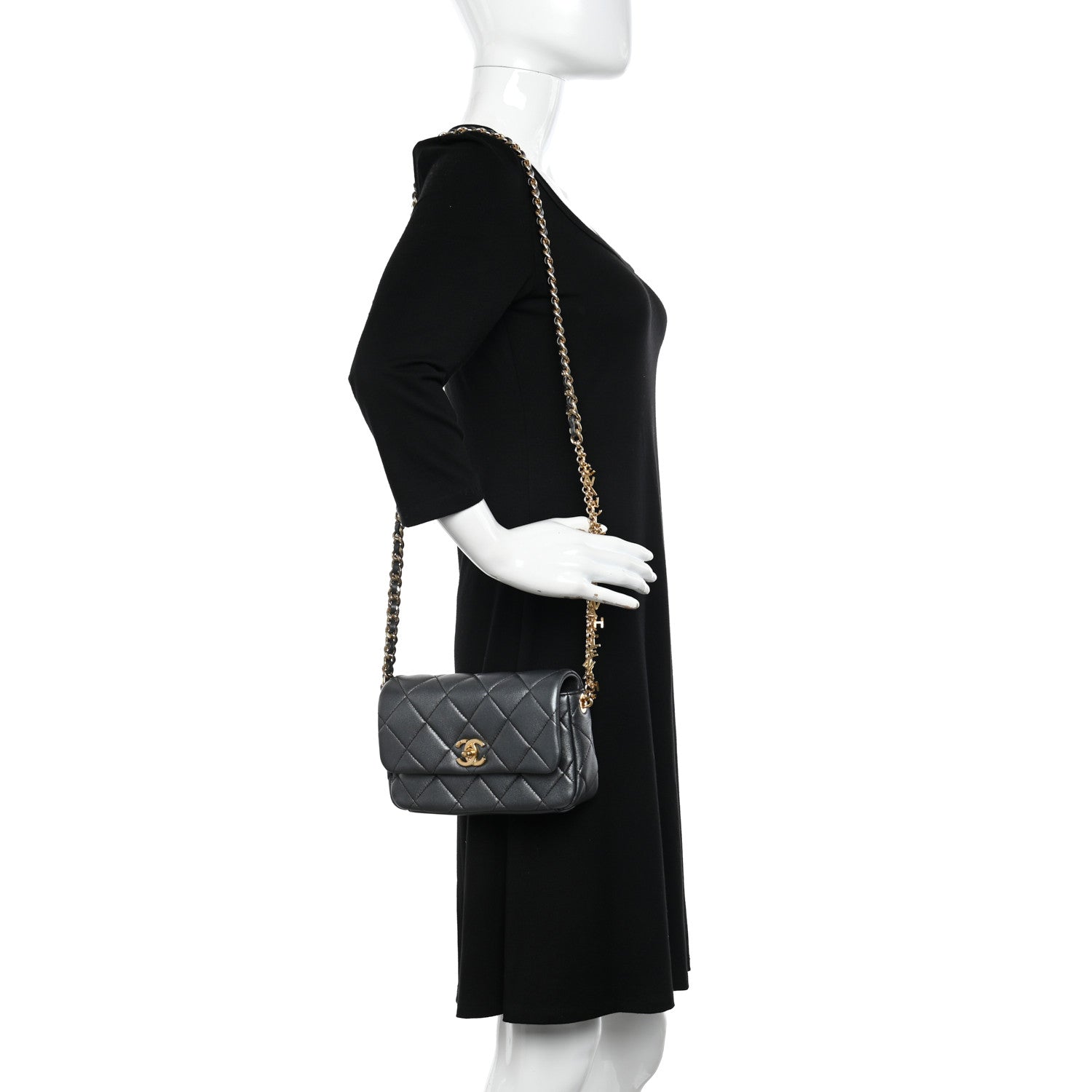 Chanel Metallic Lambskin Quilted Logo Charm Chain Flap Grey 2 of 11