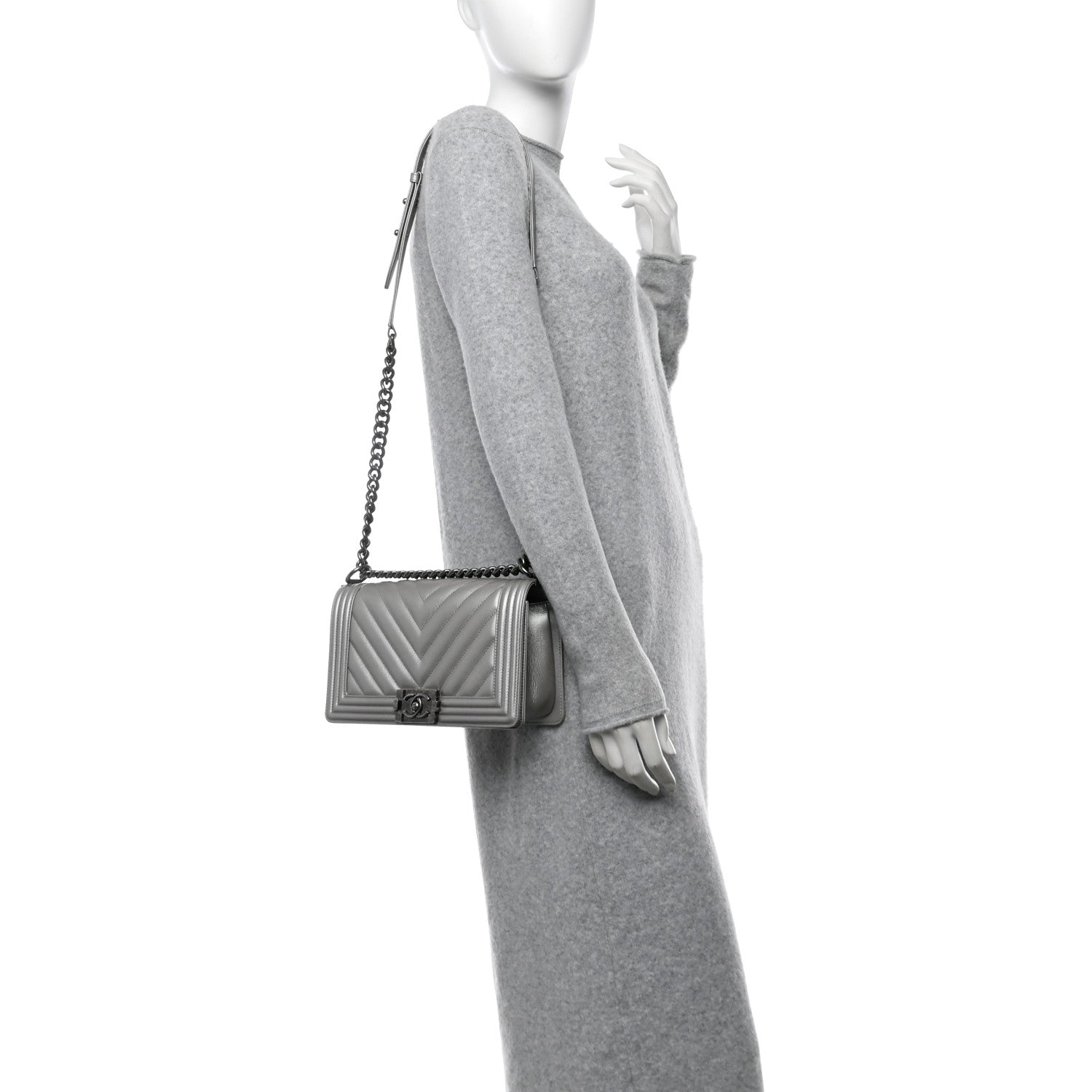 Chanel Metallic Caviar Chevron Quilted Medium Boy Flap Silver 2 of 10