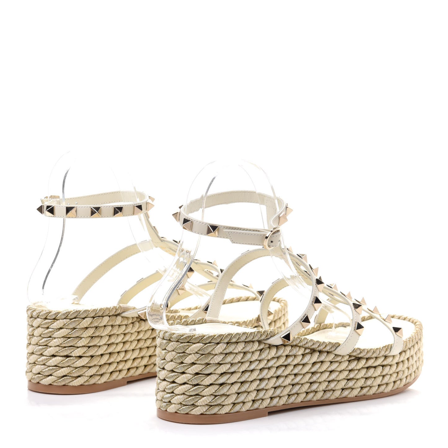 Calfskin Rockstud Ankle Strap Torchon Espadrille Caged 30/55mm Sandals 41 Light Ivory