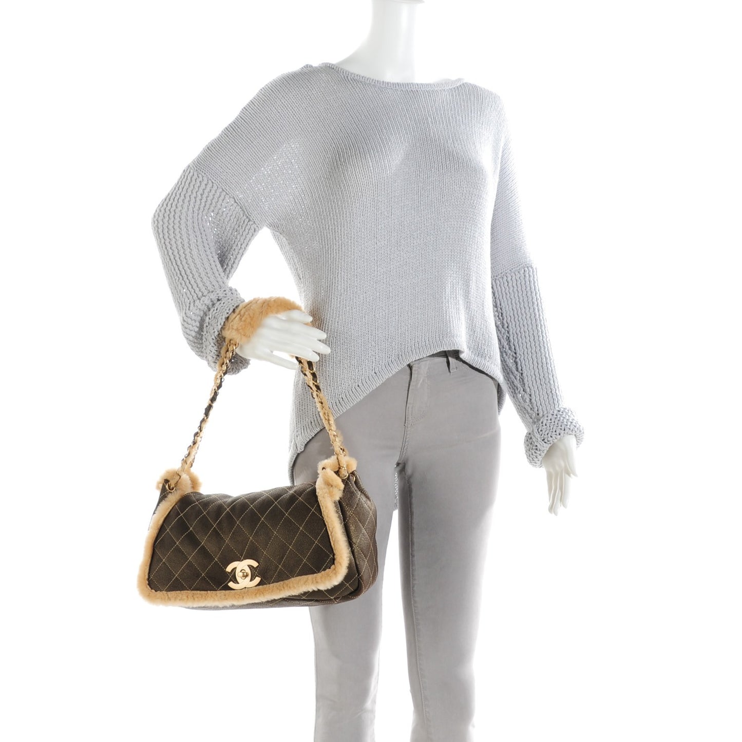 Shearling Suede Quilted Fur Flap Metallic Bronze