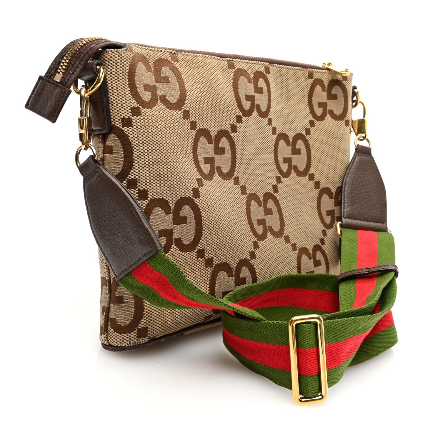 Monogram Jumbo GG Textured Dollar Calfskin Web Wristlet Messenger Bag Camel Ebony New Acero