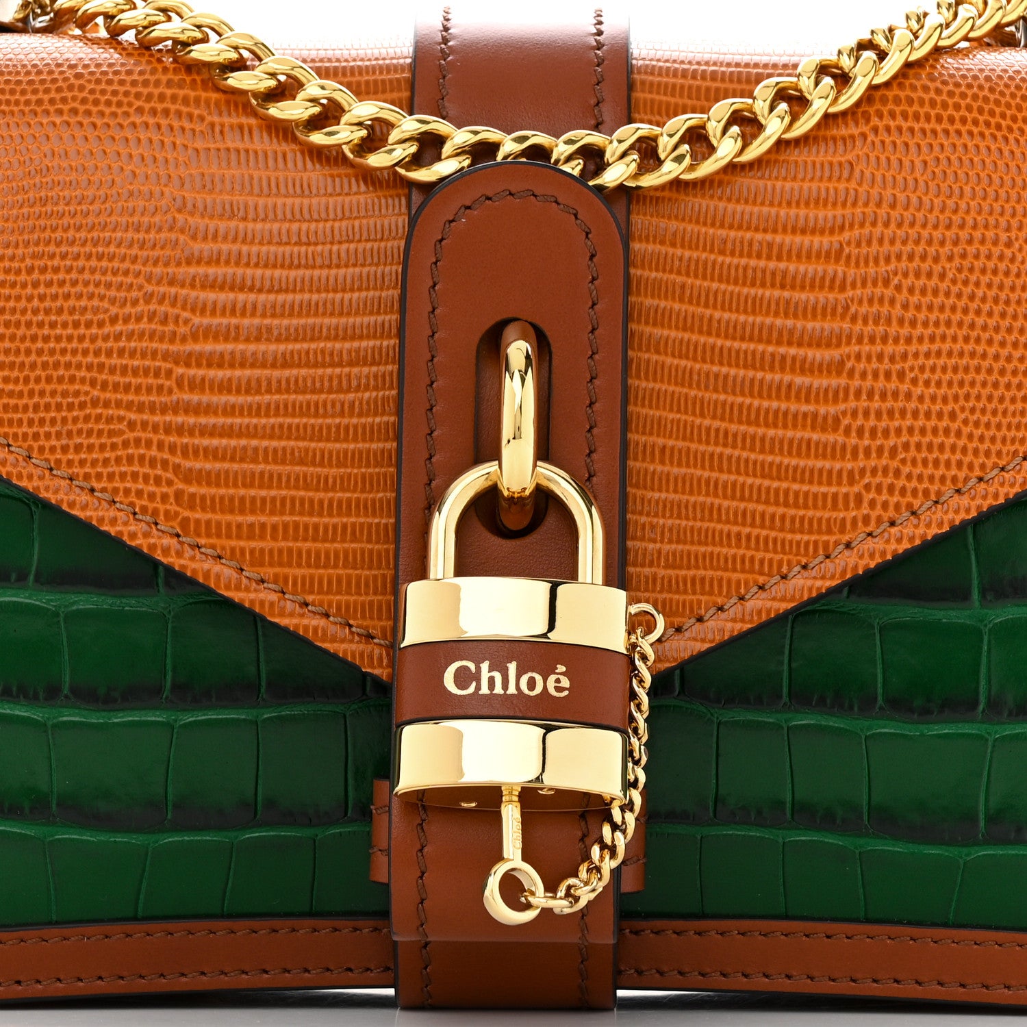 Chloe Calfskin Lizard Crocodile Embossed Aby Chain Shoulder Bag Brown Green 8 of 13