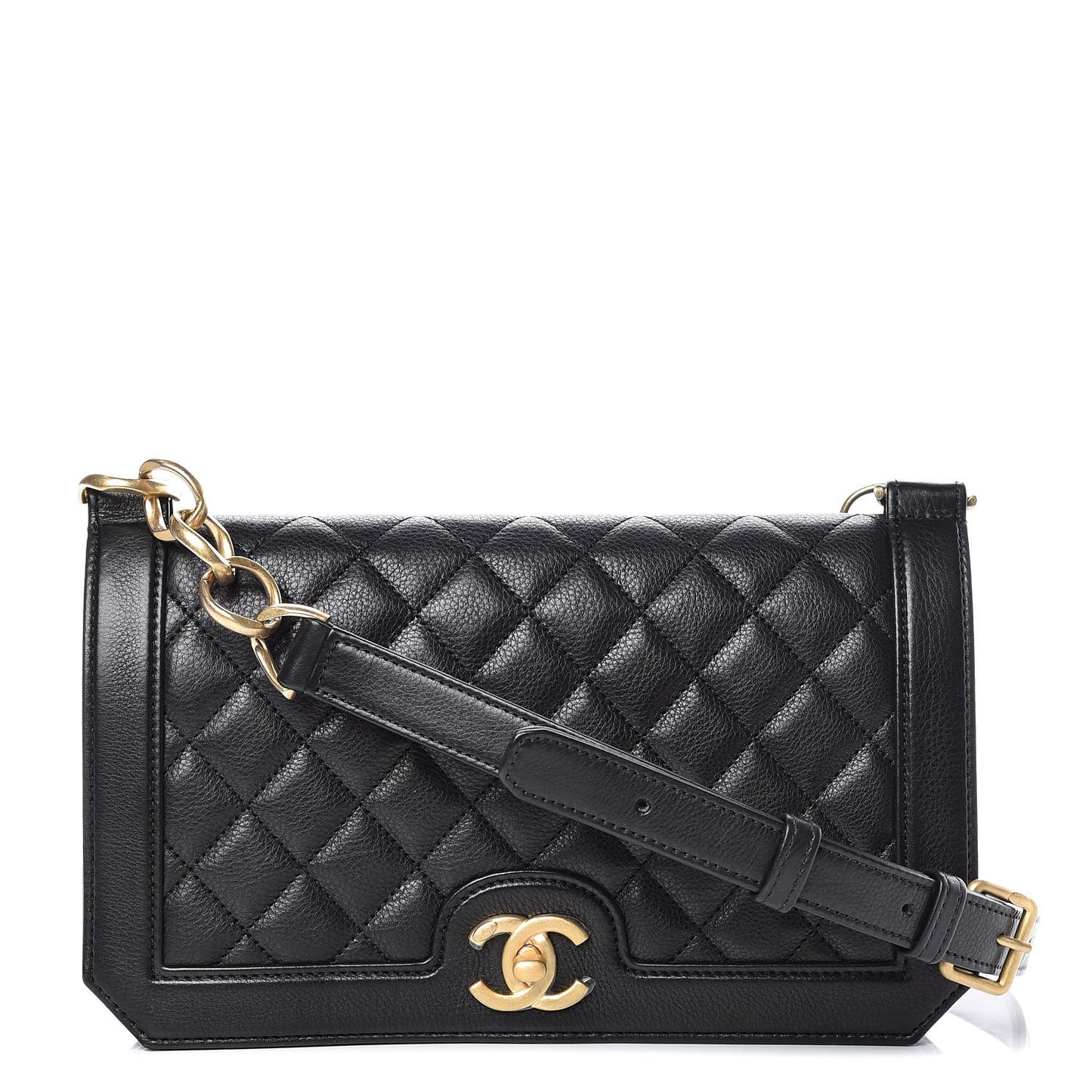 Grained Calfskin Quilted Medium Flap Black