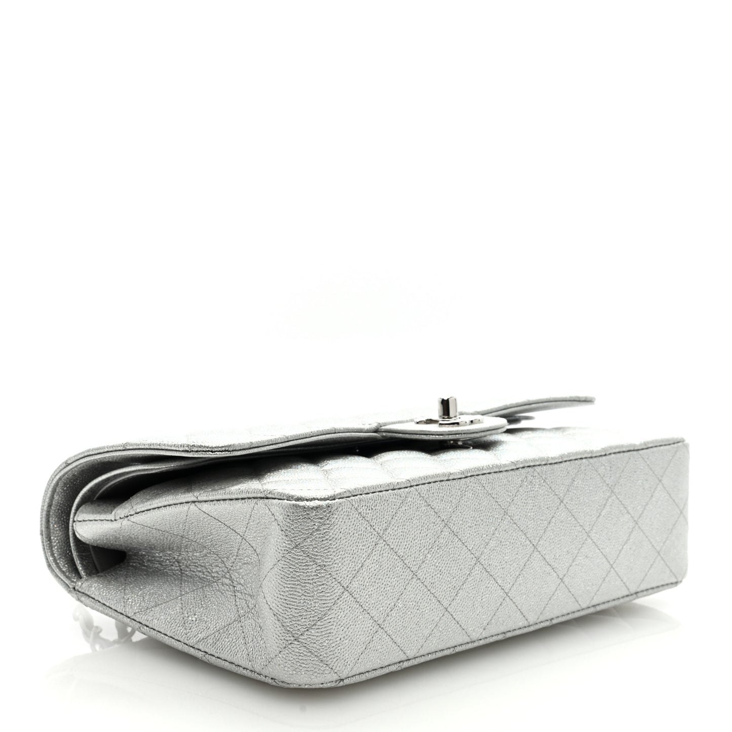 Glittered Metallic Caviar Quilted Medium Double Flap Silver