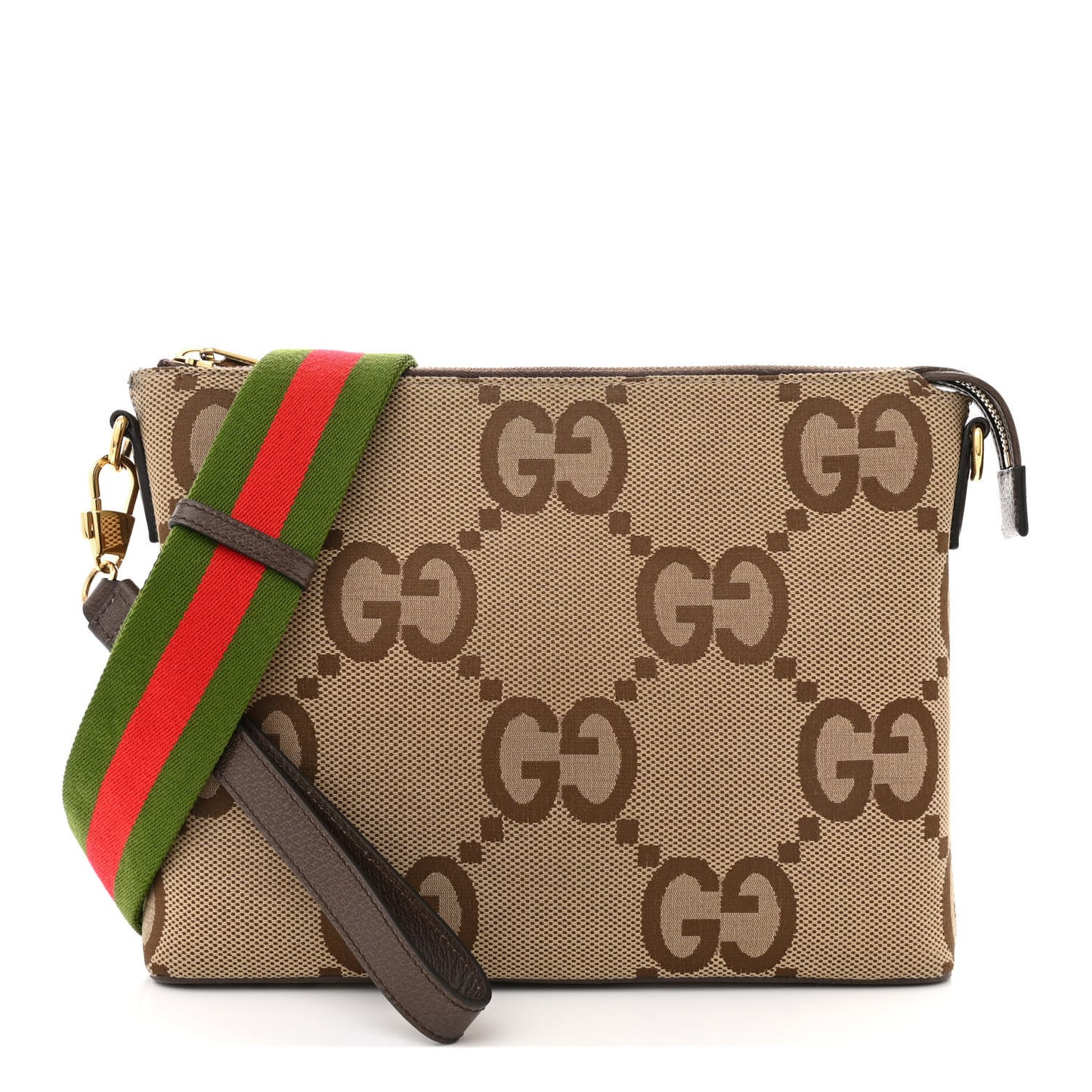 Monogram Jumbo GG Textured Dollar Calfskin Web Wristlet Messenger Bag Camel Ebony New Acero