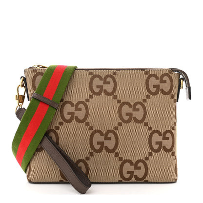 Gucci Monogram Jumbo GG Textured Dollar Calfskin Web Wristlet Messenger Bag Camel Ebony New Acero 1 of 14
