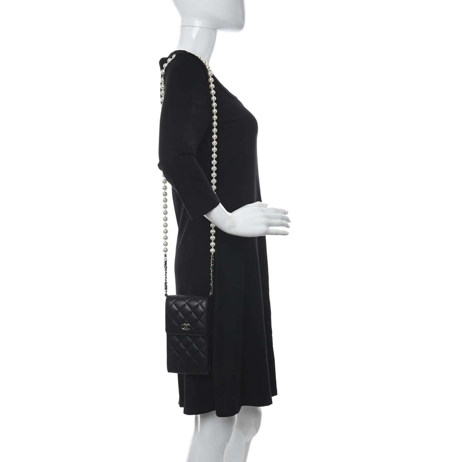 Chanel Lambskin Quilted Pearl Phone Holder With Chain Black 2 of 12