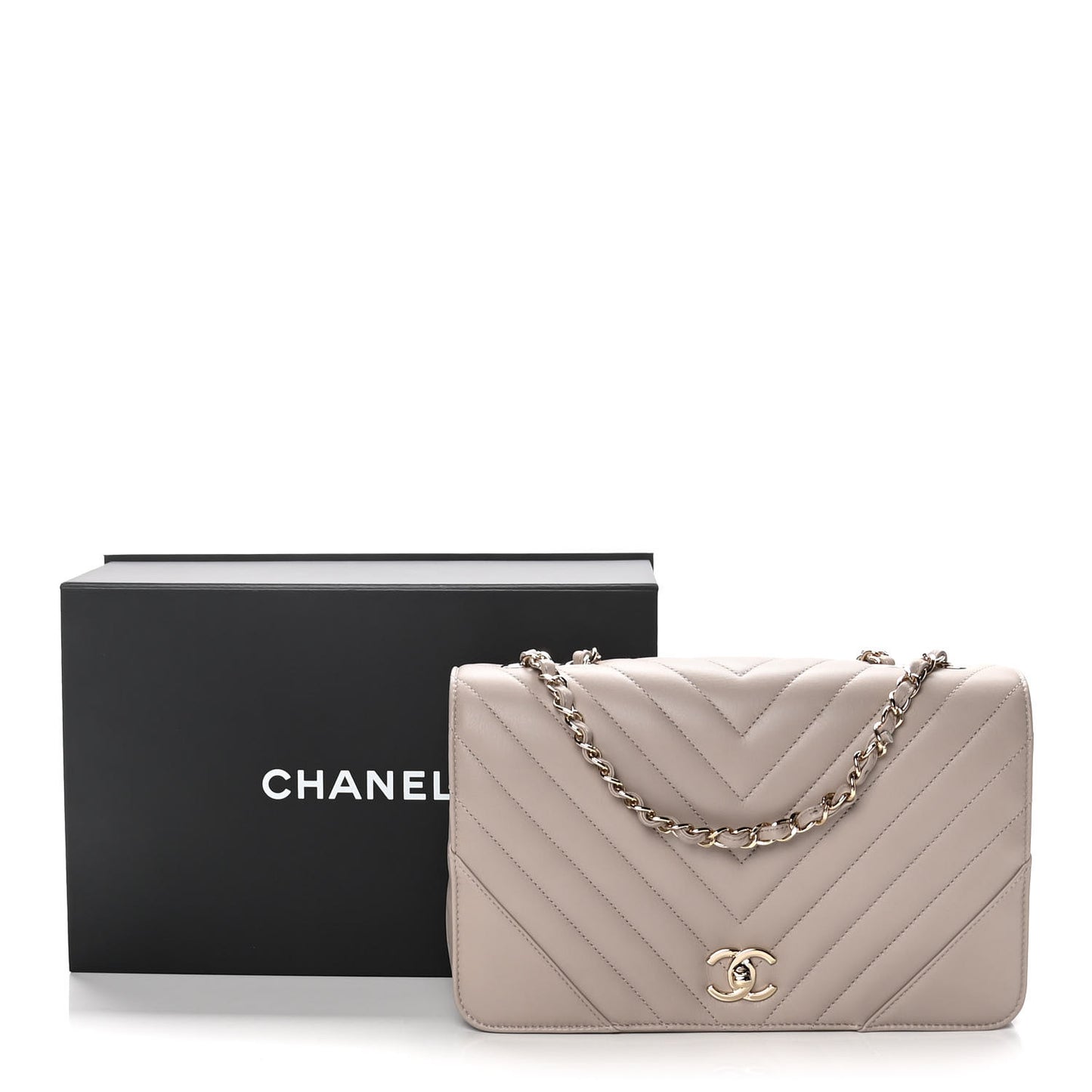Calfskin Chevron Quilted Large Statement Flap Beige