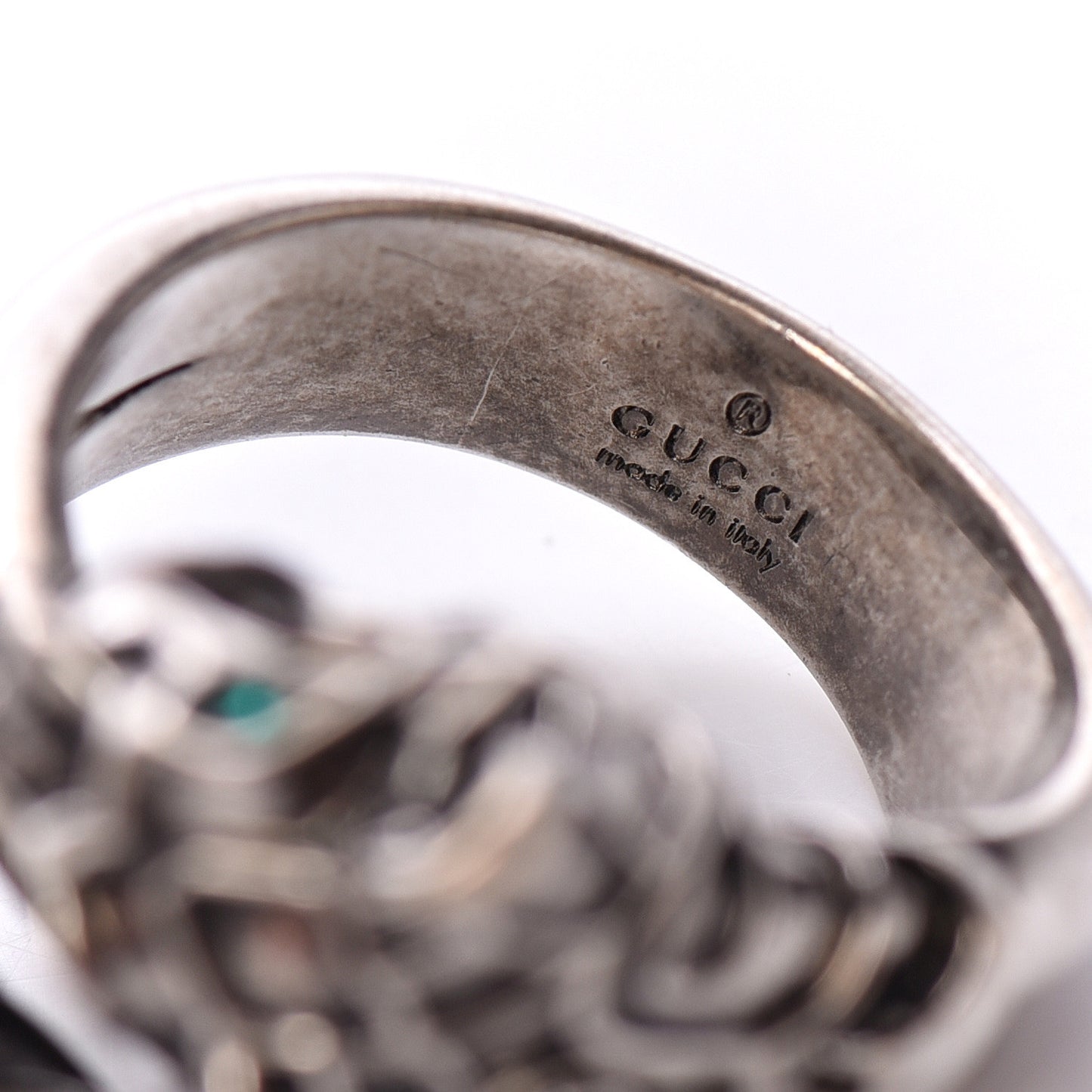 Metal Swarovski Tiger Head Ring 7.25 Aged Silver Green