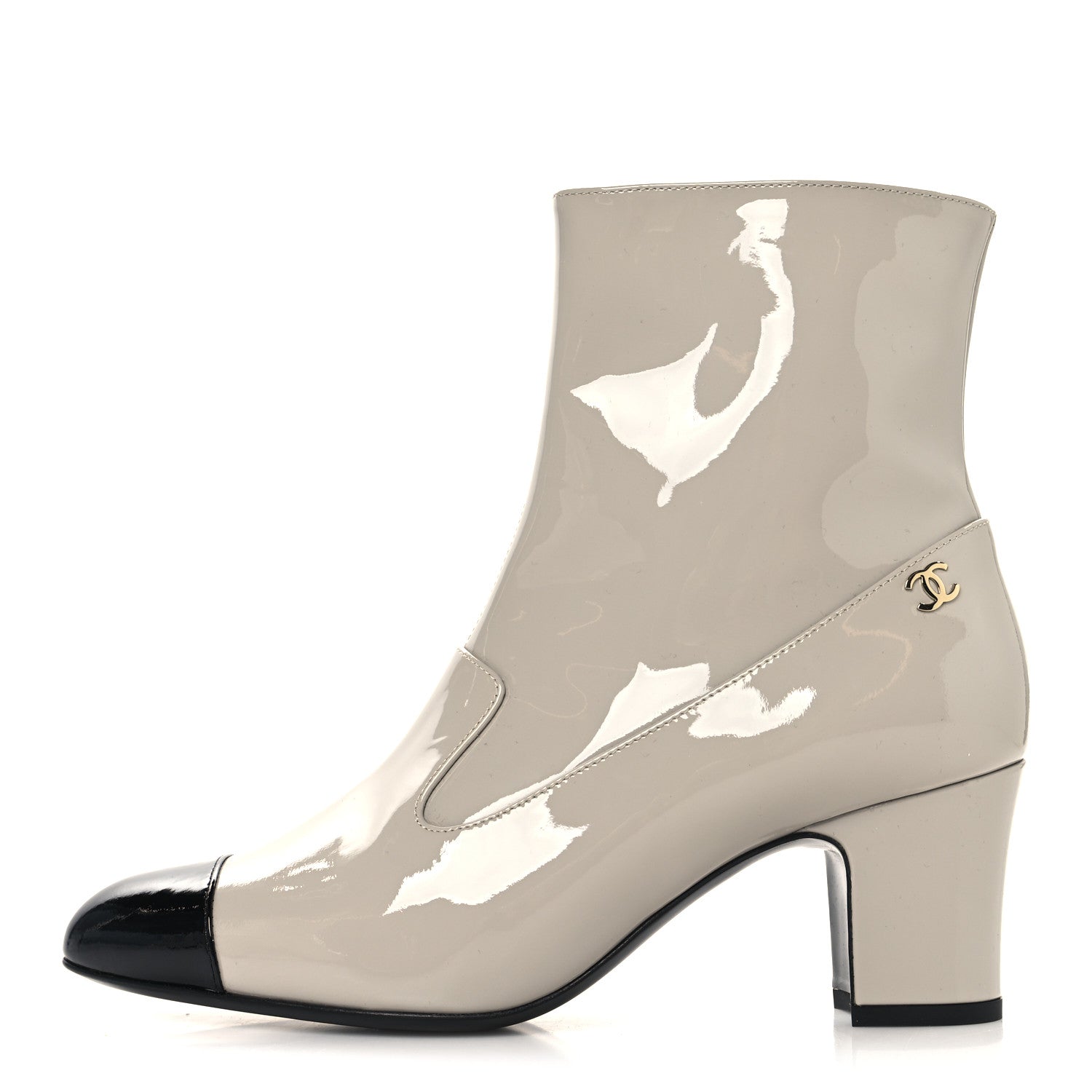 Chanel Patent Calfskin Ankle Boots 38.5 Light Gray Black 1 of 10