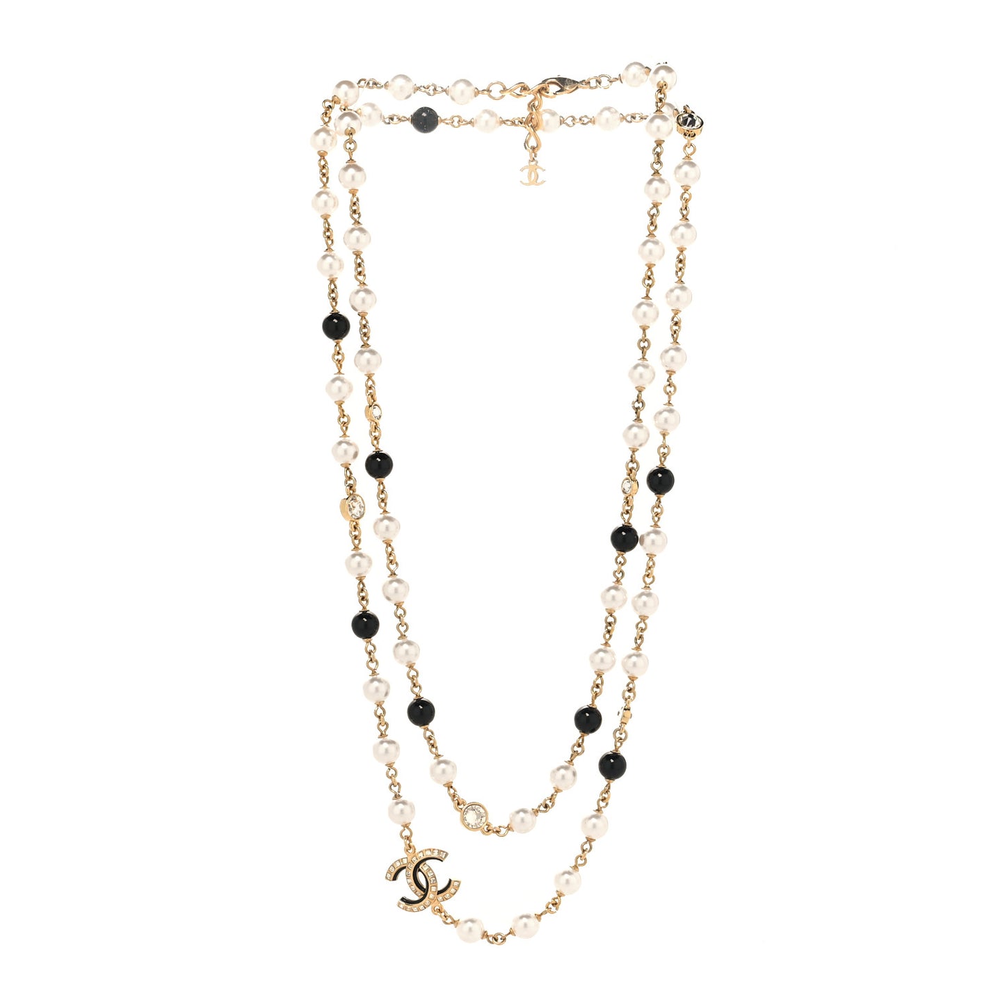 Pearl Baguette Crystal Enamel CC Long Necklace Gold Black
