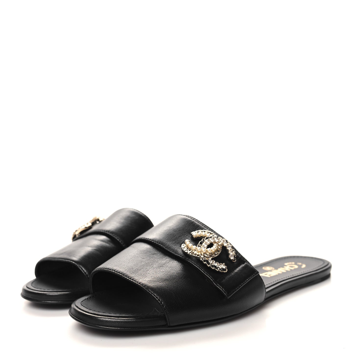 Lambskin Pearl Crystal CC Sandals 39.5 Black