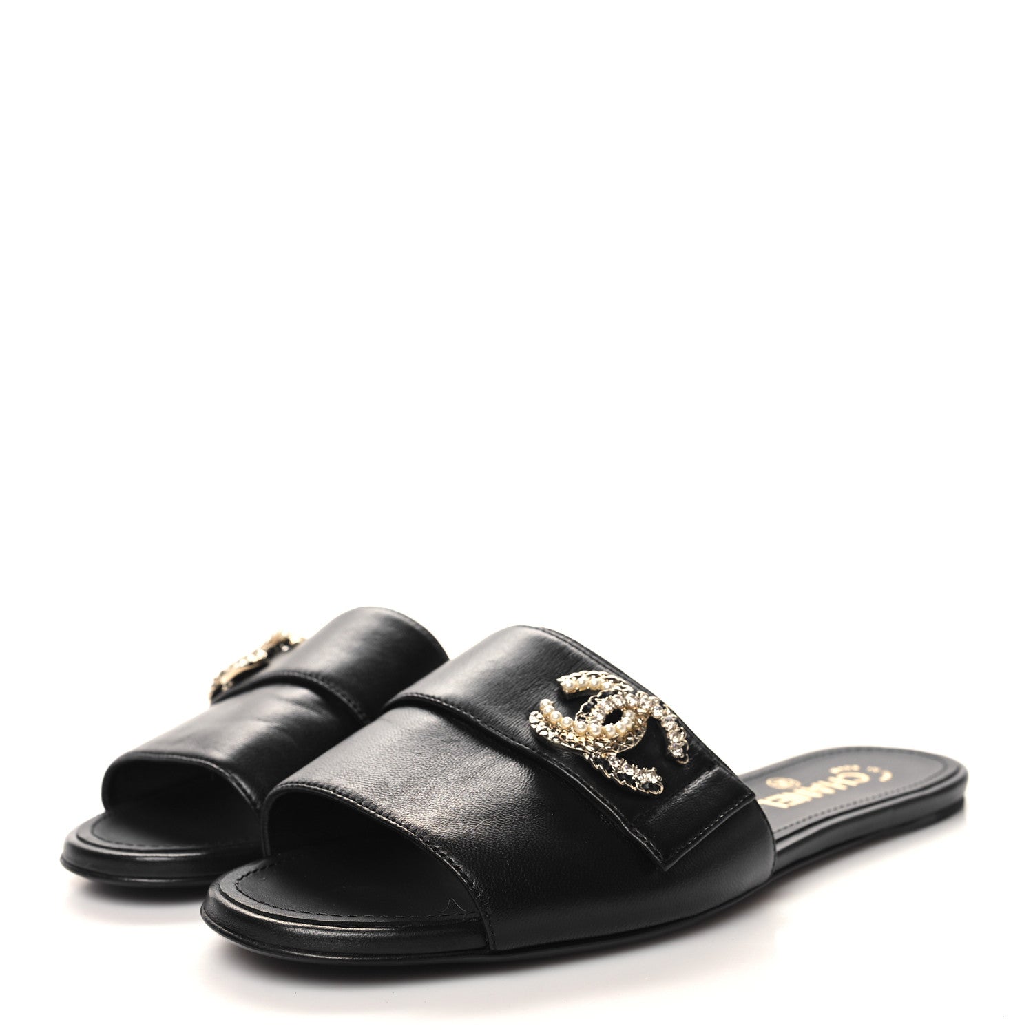 Chanel Lambskin Pearl Crystal CC Sandals 39.5 Black 3 of 8