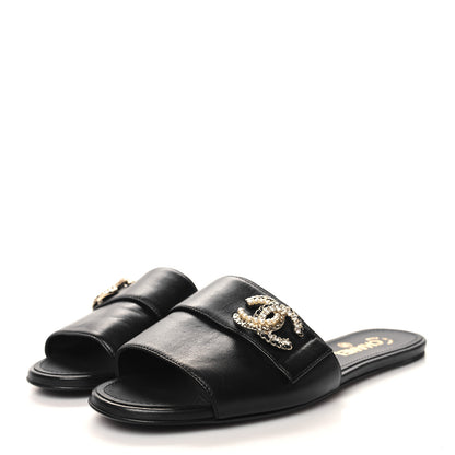 Chanel Lambskin Pearl Crystal CC Sandals 39.5 Black 3 of 8