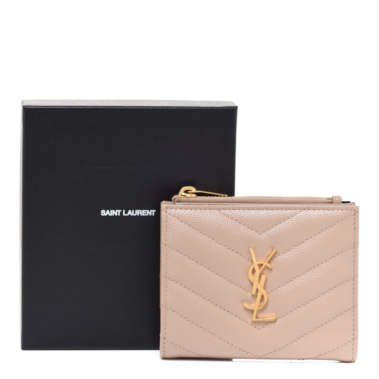 Saint Laurent Grain De Poudre Matelasse Chevron Monogram Zipped Card Case Dark Beige 8 of 8