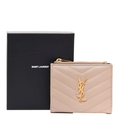 Saint Laurent Grain De Poudre Matelasse Chevron Monogram Zipped Card Case Dark Beige 8 of 8