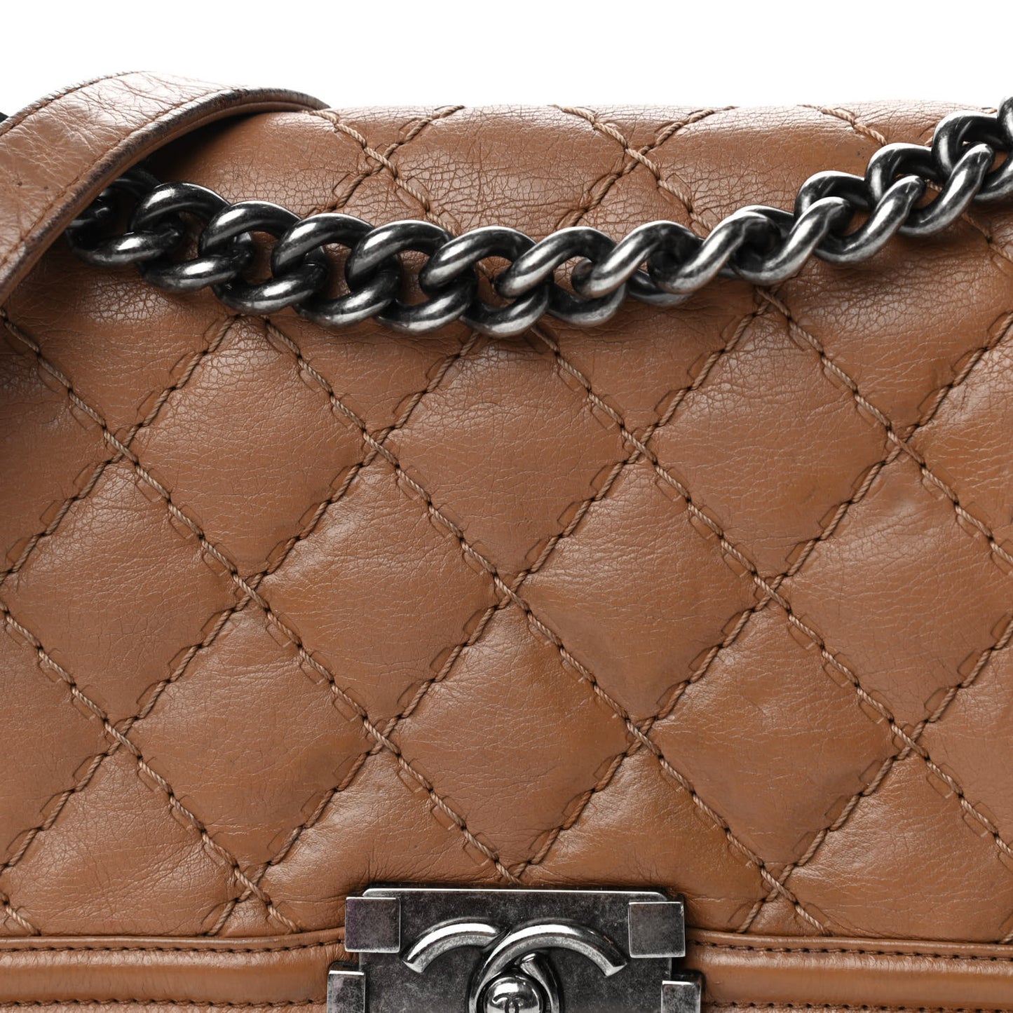 Calfskin Quilted Double Stitch Medium Boy Flap Camel