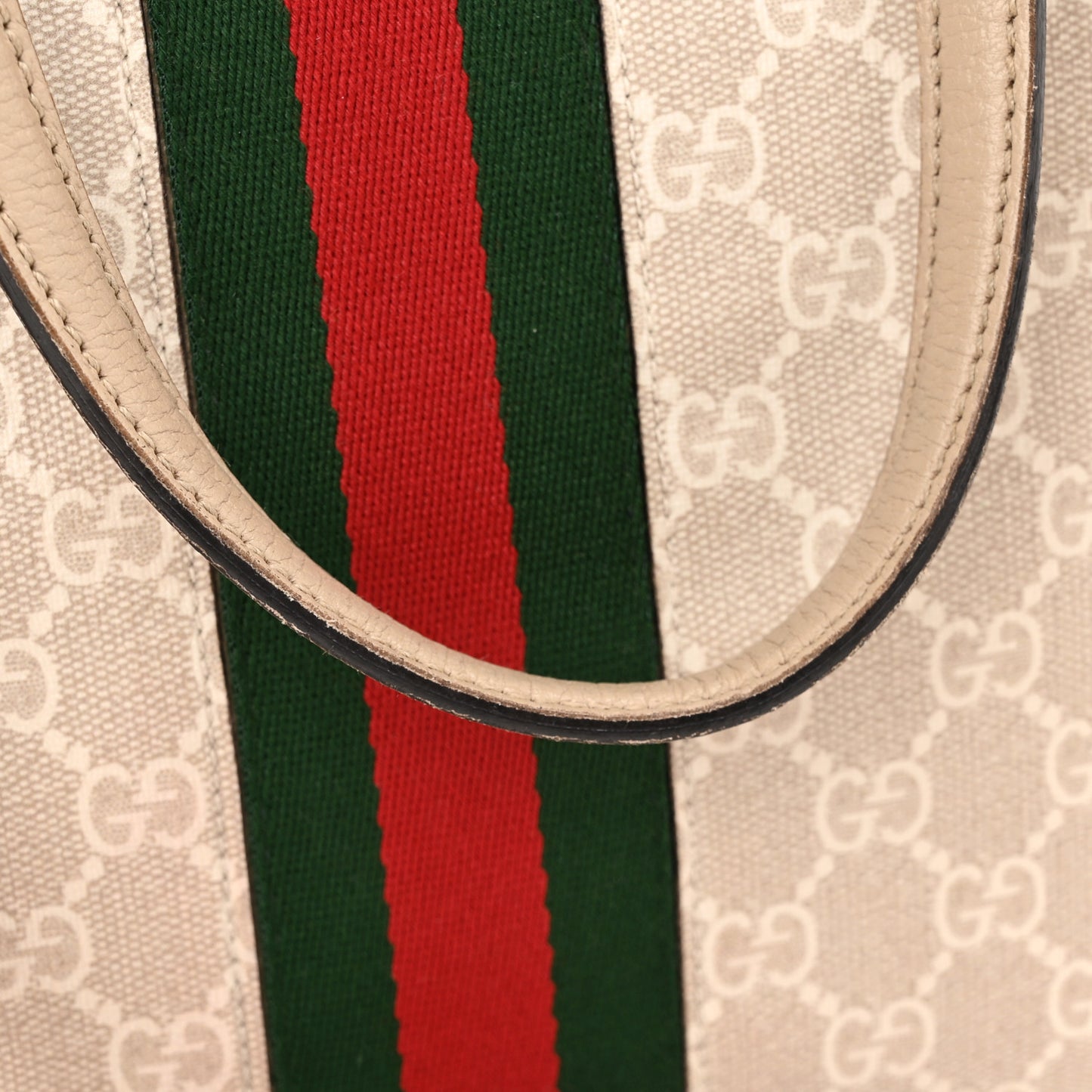 GG Supreme Monogram Textured Dollar Calfskin Web Medium Ophidia Shopping Tote Beige Mystic White Oatmeal