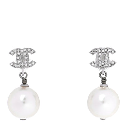 Chanel Pearl Crystal CC Drop Earrings Silver 1 of 4