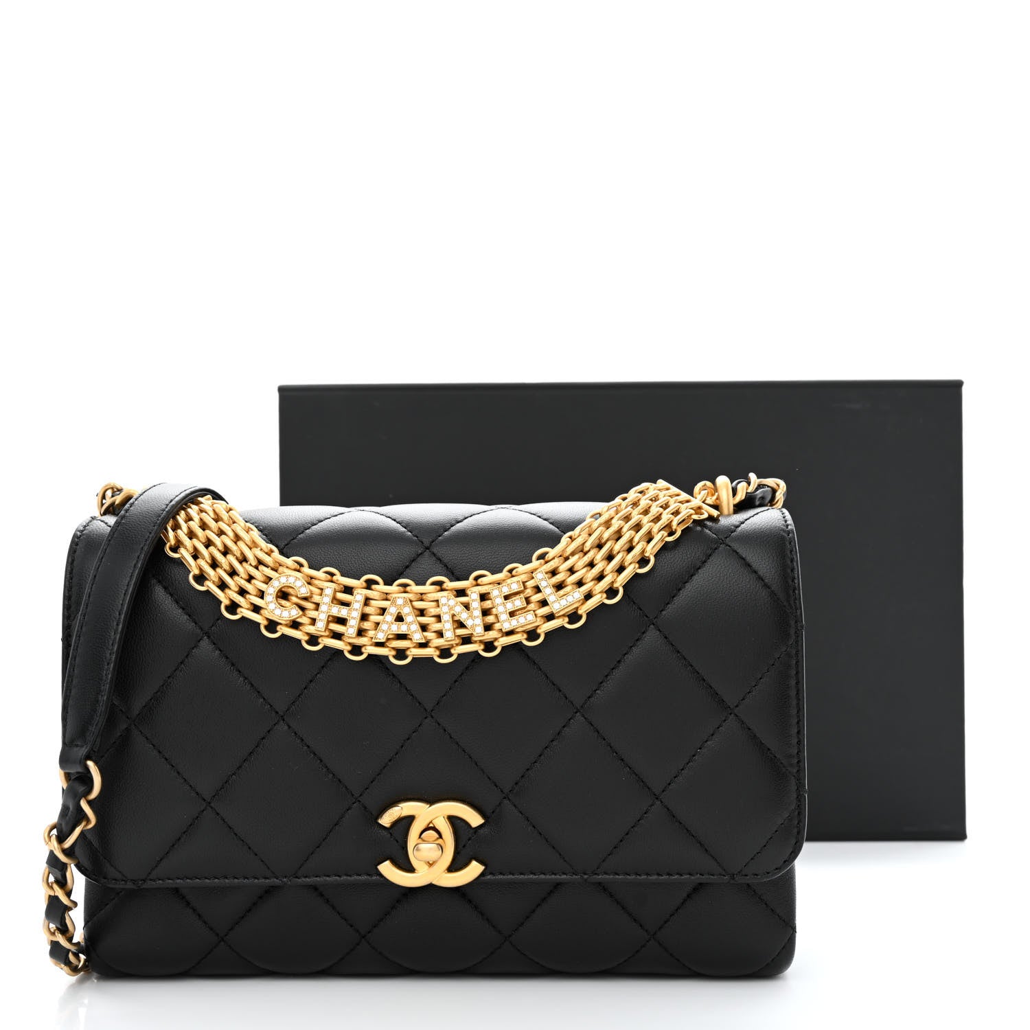 Chanel Lambskin Quilted CC Crystal Logo Chain Flap Black 11 of 11