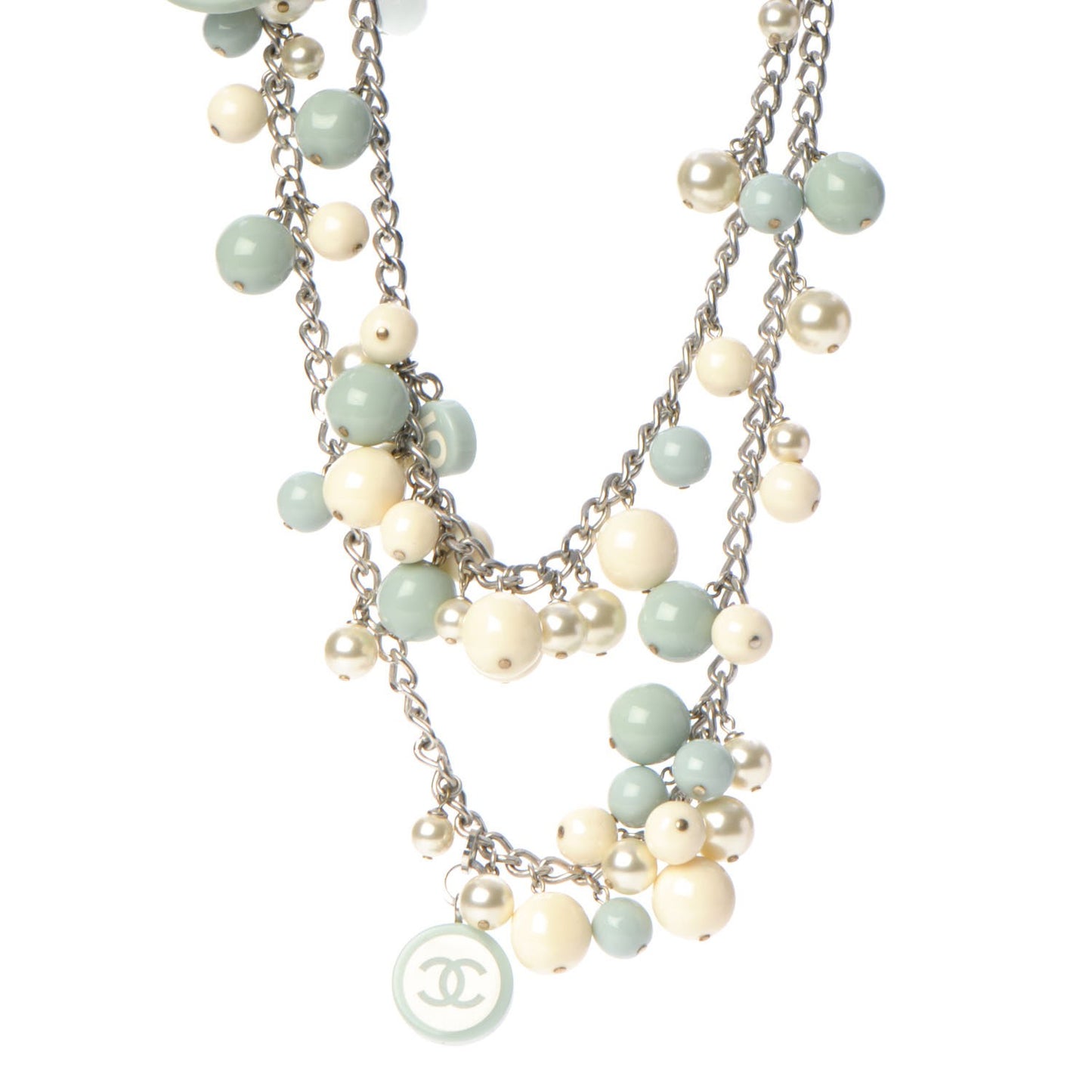 Resin Pearl CC Long Necklace Silver