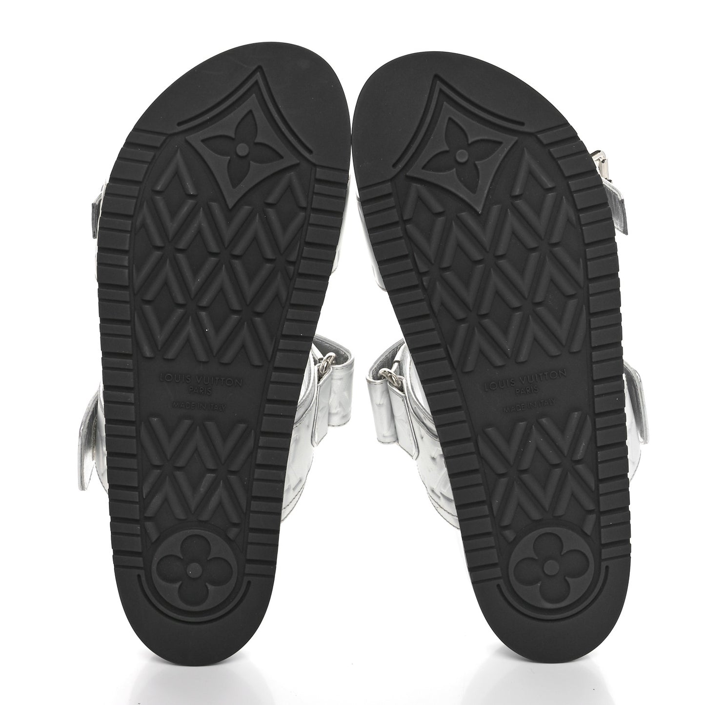 Metallic Calfskin Monogram Embossed Bom Dia Flat Mule Sandals 39 Silver