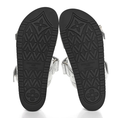 Louis Vuitton Metallic Calfskin Monogram Embossed Bom Dia Flat Mule Sandals 39 Silver 5 of 8