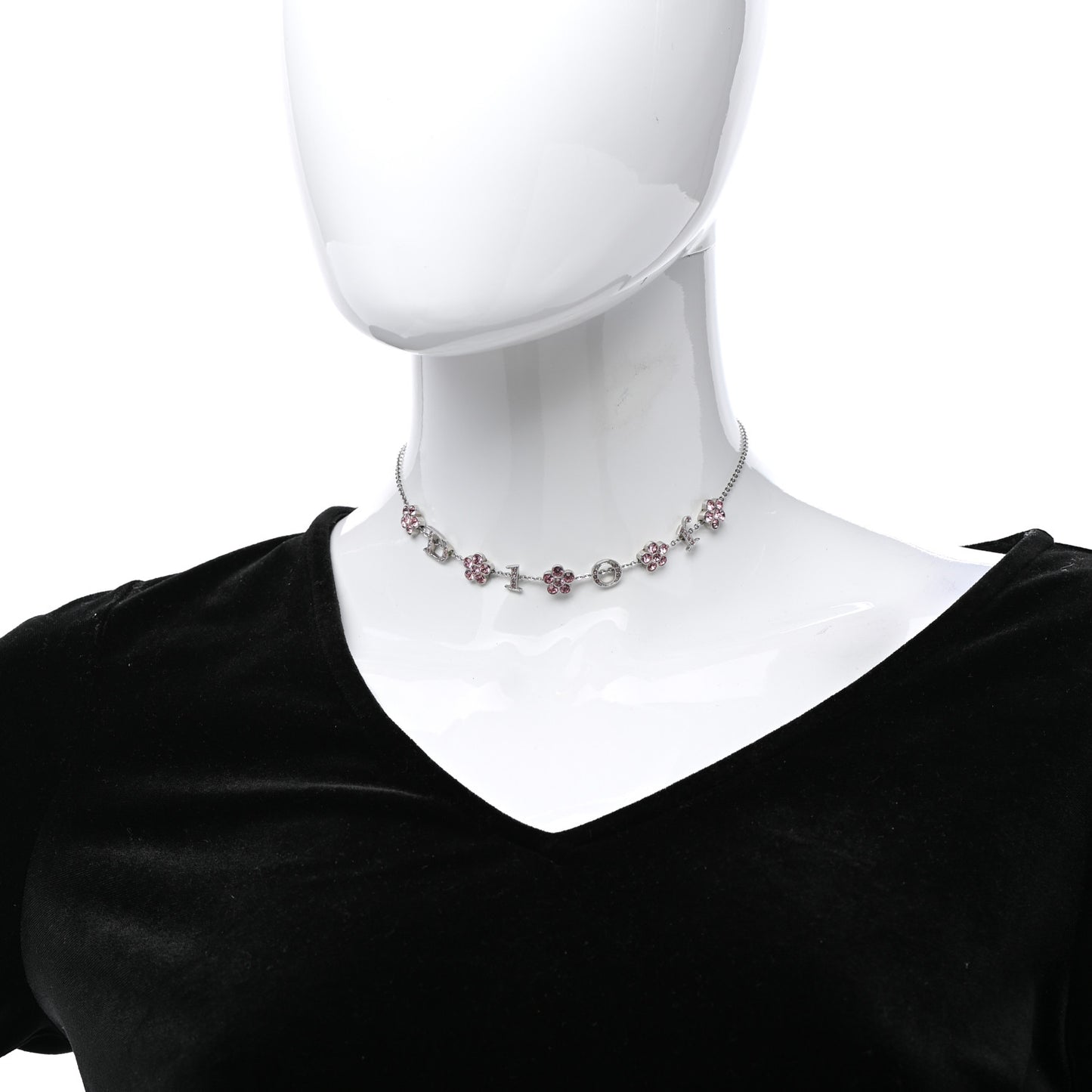 Crystal Flower Choker Necklace Silver Pink