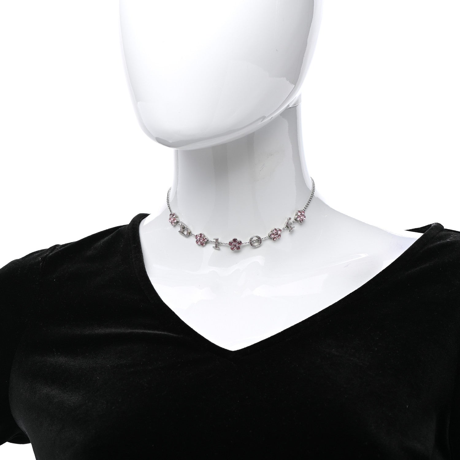Christian Dior Crystal Flower Choker Necklace Silver Pink 2 of 5