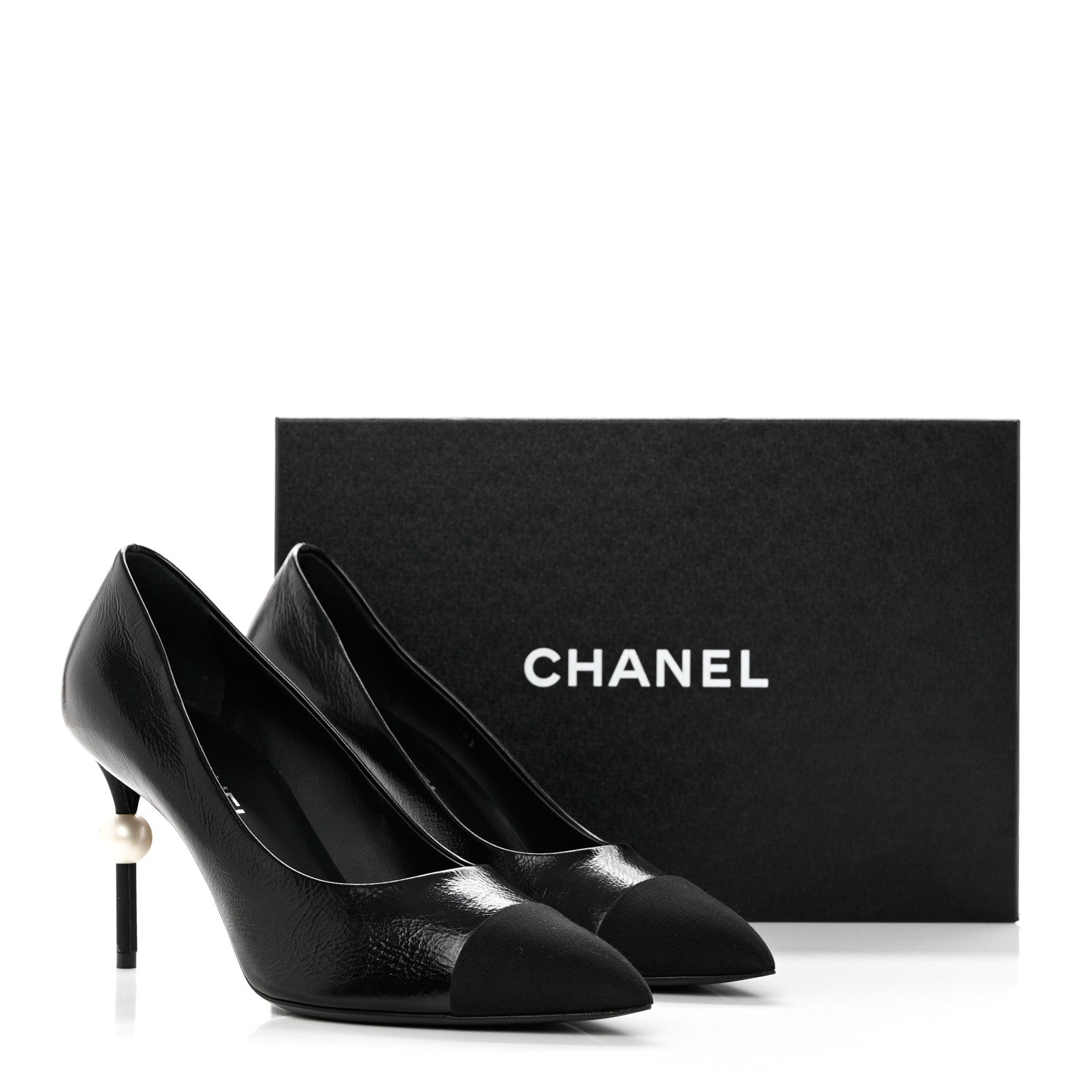 Chanel Shiny Calfskin Grosgrain Cap Toe CC Pearl Pumps 41 Black 9 of 9