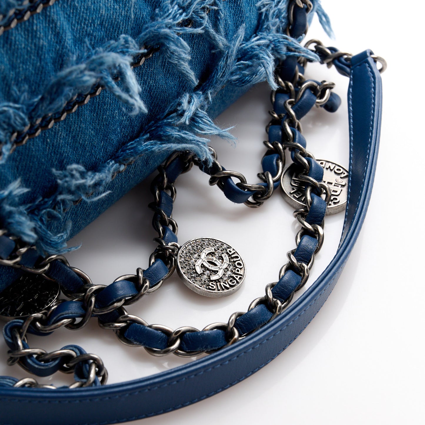 Calfskin Denim Paris Dubai Fringe Chains Small Flap Blue