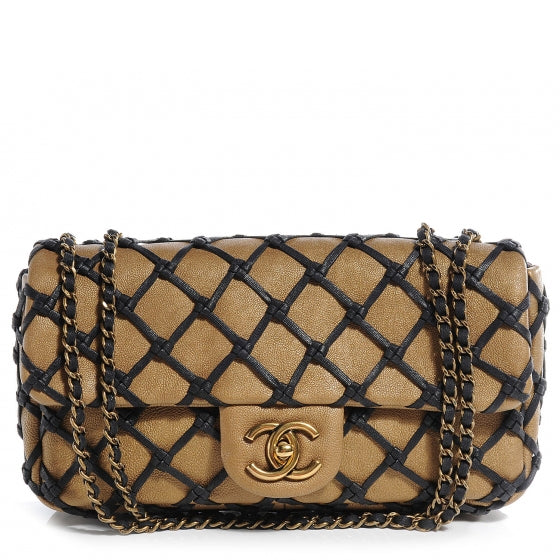 Calfskin Canebiers Medium Net Flap Dark Gold