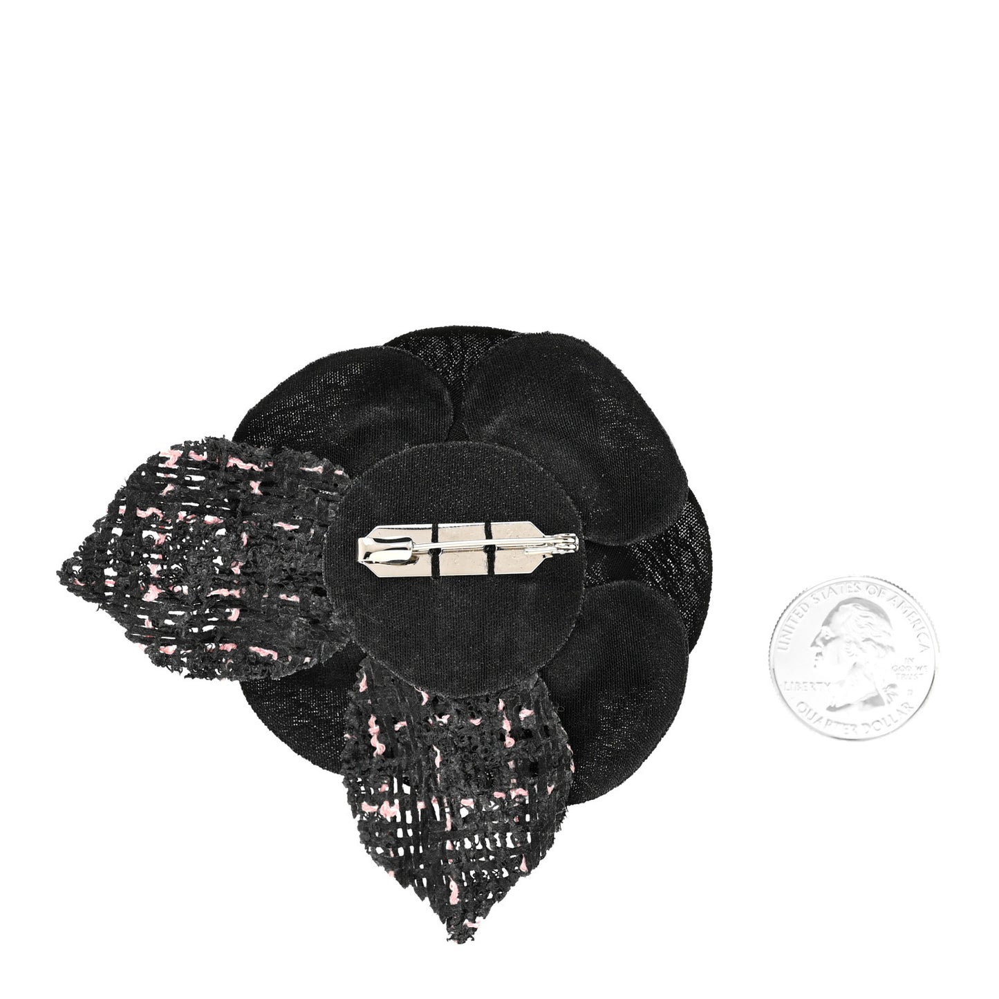 Tweed Camellia Pin Brooch Black Pink