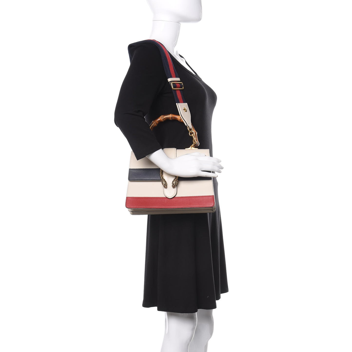 Calfskin Bamboo Web Medium Dionysus Top Handle Bag White Blue Hibiscus Red
