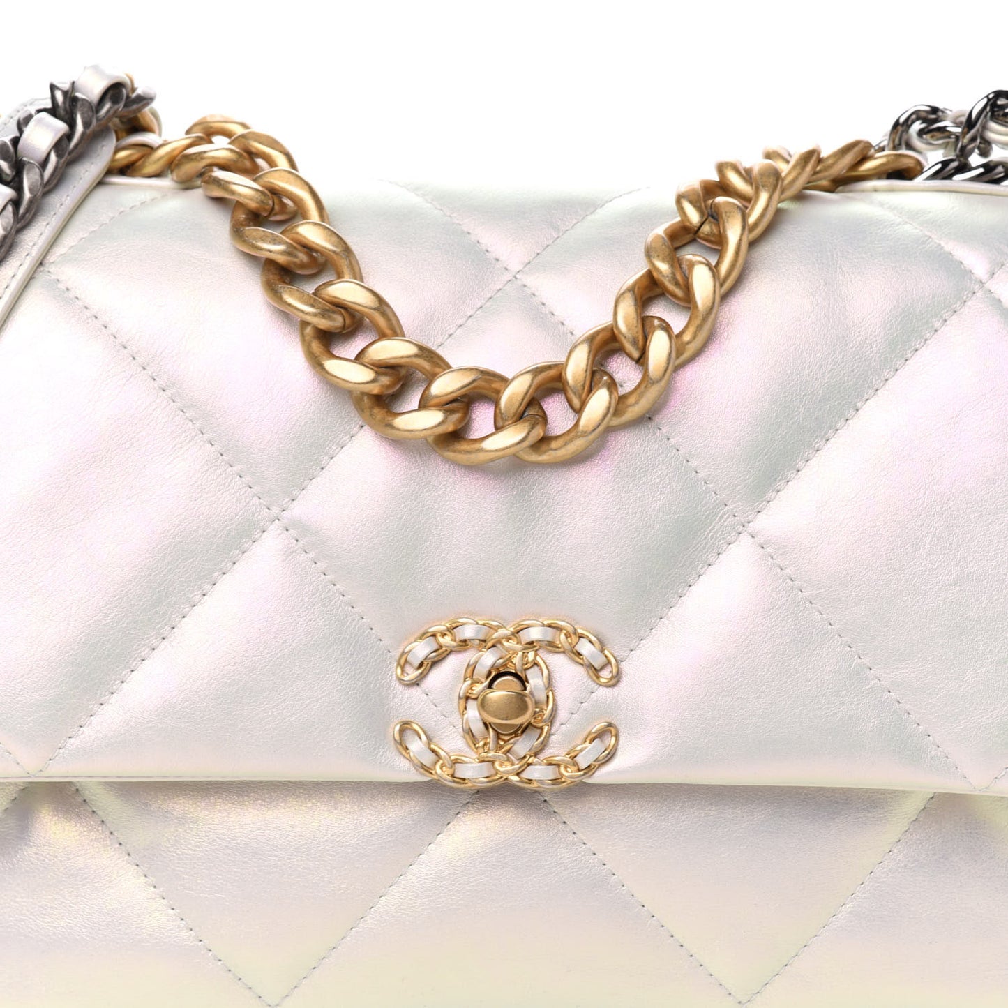 Iridescent Calfskin Quilted Large 19 Flap White