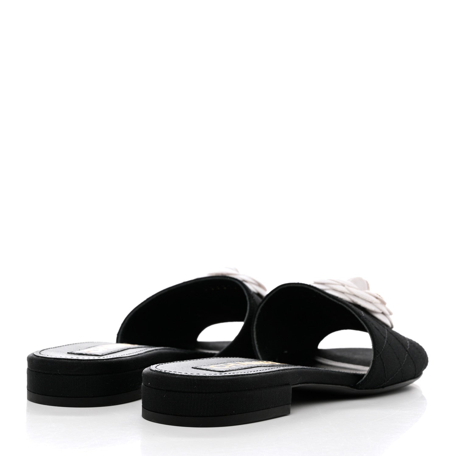 Chanel Grosgrain Quilted Camellia CC Slides 37.5 Black White 4 of 10