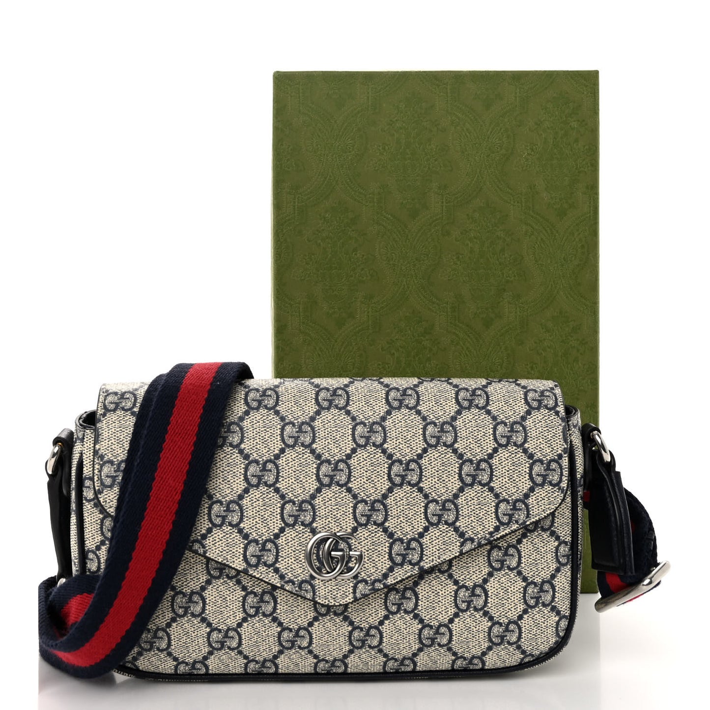 GG Supreme Monogram Textured Dollar Calfskin Web Mini Ophidia Envelope Shoulder Bag Beige Blue