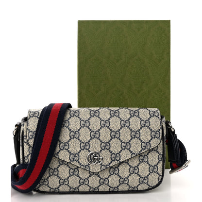 Gucci GG Supreme Monogram Textured Dollar Calfskin Web Mini Ophidia Envelope Shoulder Bag Beige Blue 10 of 10