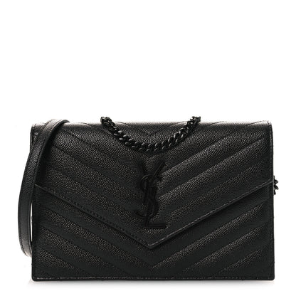 Saint Laurent Grain De Poudre Matelasse Chevron Monogram Monochrome Envelope Chain Wallet Black 1 of 13
