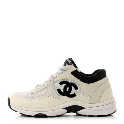 Chanel Mesh Suede Calfskin Grained Calfskin Womens CC Sneakers 36 White Black 1 of 10