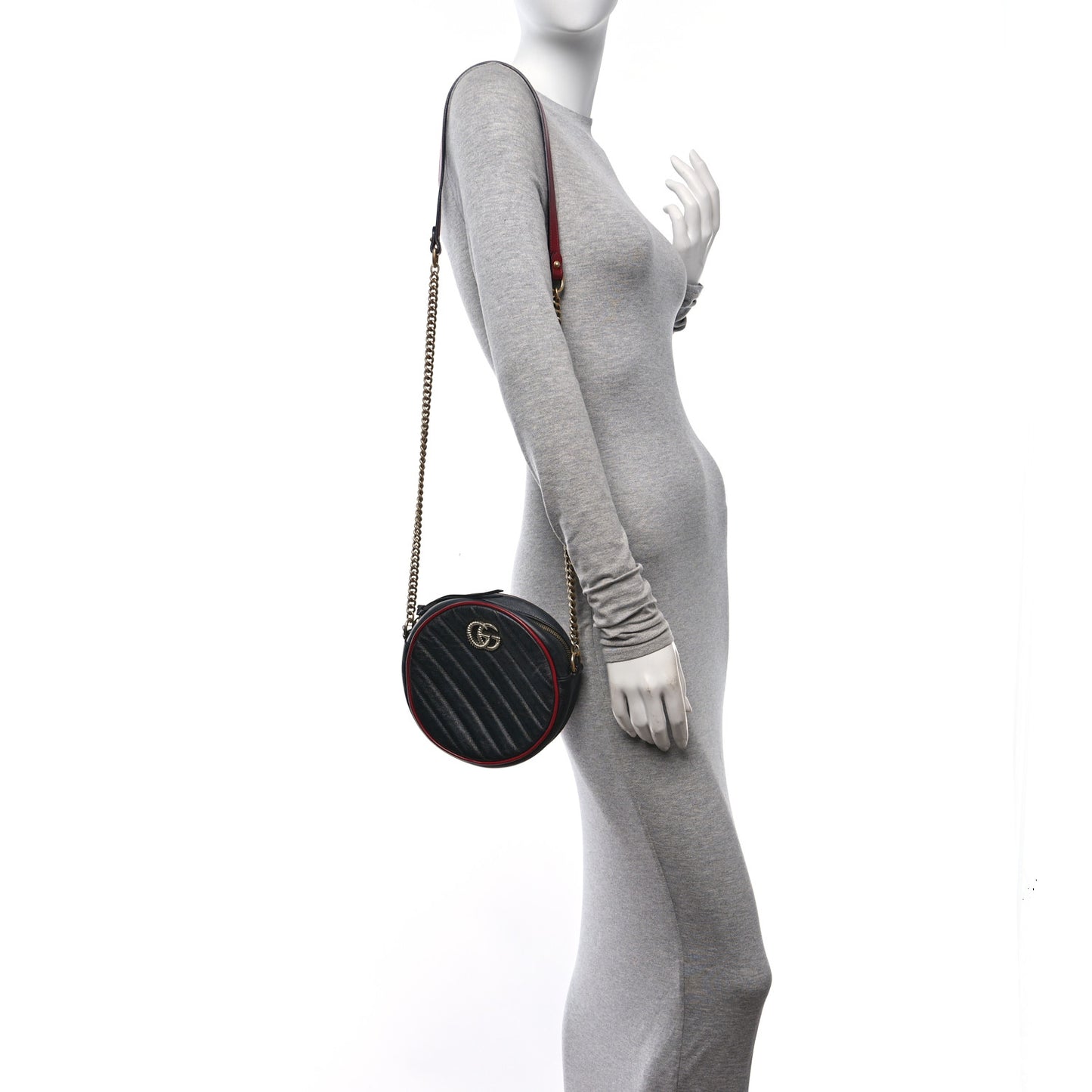 Vintage Effect Calfskin Matelasse Diagonal Mini Torchon GG Marmont Round Shoulder Bag Black Romantic Cherry