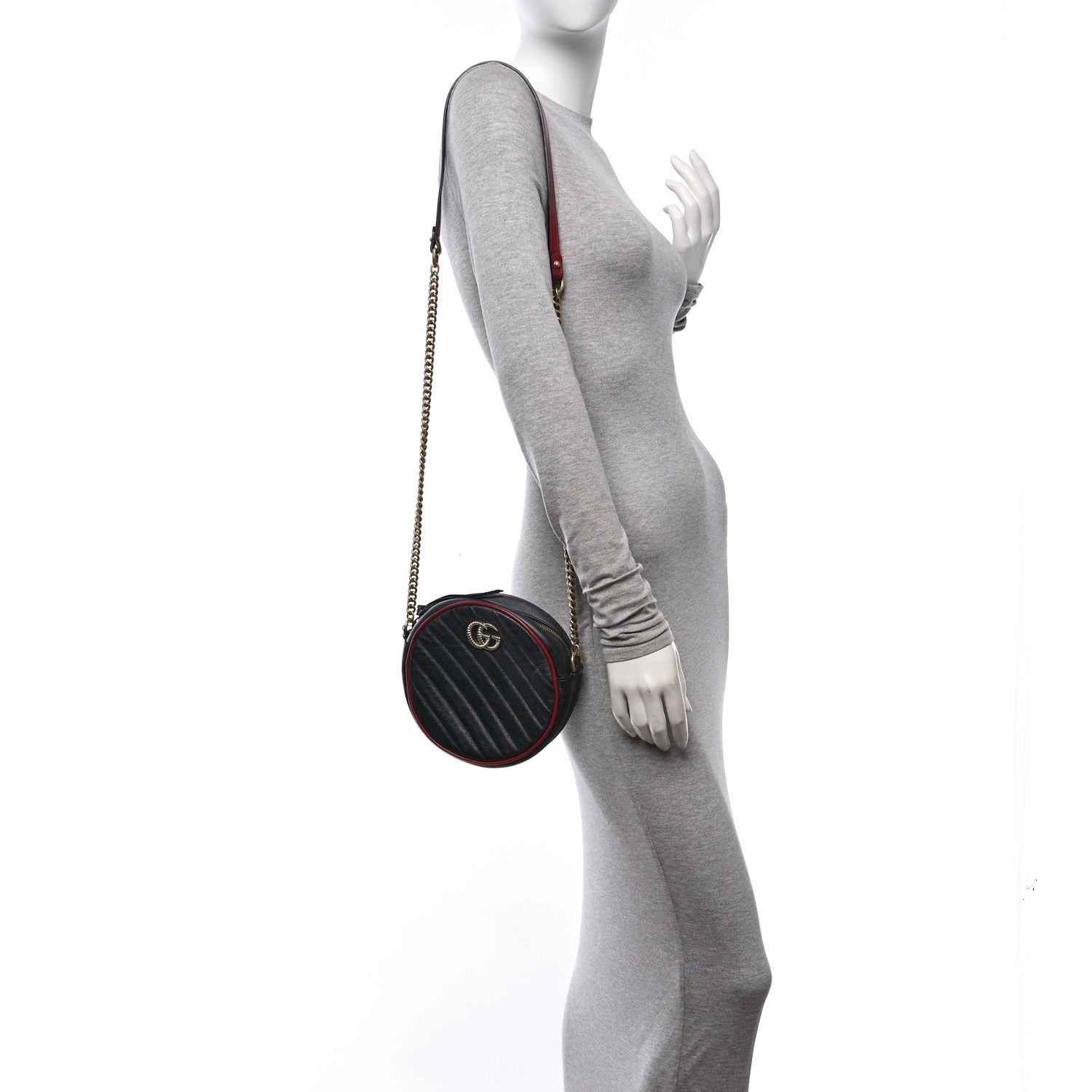 Gucci Vintage Effect Calfskin Matelasse Diagonal Mini Torchon GG Marmont Round Shoulder Bag Black Romantic Cherry 2 of 10