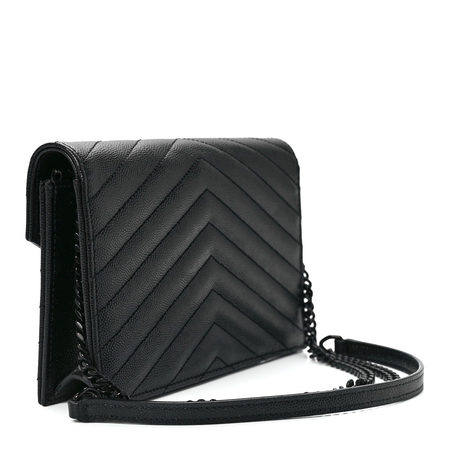 Saint Laurent Grain De Poudre Matelasse Chevron Monogram Monochrome Envelope Chain Wallet Black 3 of 12