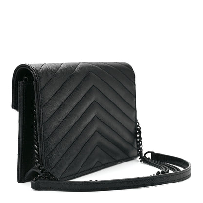 Saint Laurent Grain De Poudre Matelasse Chevron Monogram Monochrome Envelope Chain Wallet Black 3 of 12