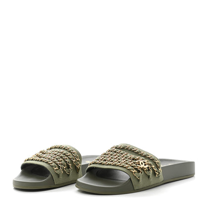 Chanel Canvas Chain Flat Sandals 38 Khaki 3 of 10