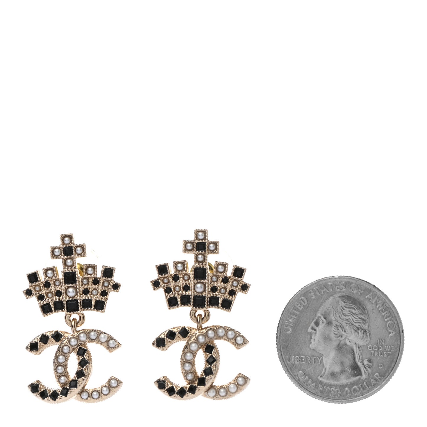 Resin Crystal Pearl CC Crown Drop Earrings Gold Black