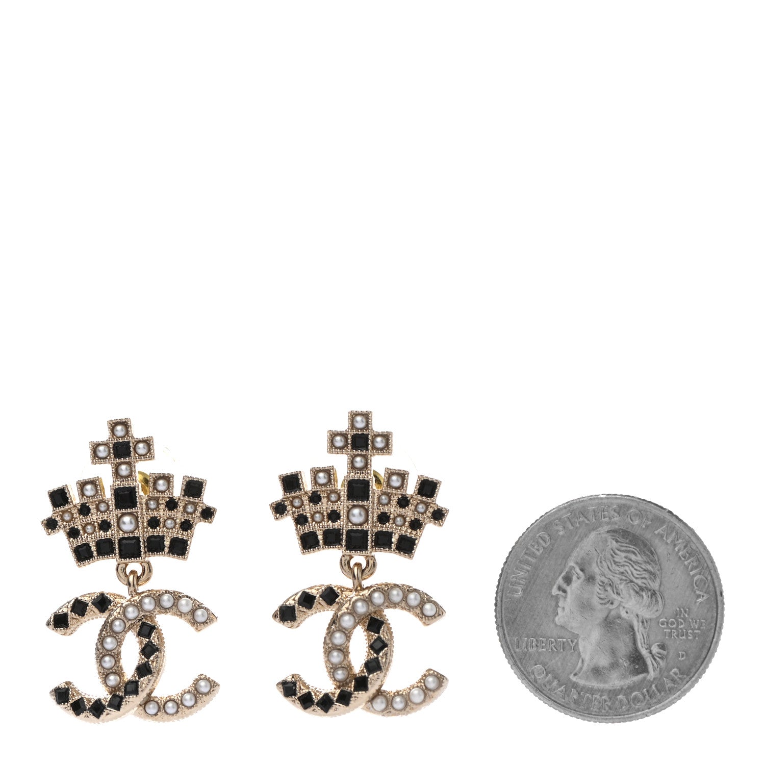 Chanel Resin Crystal Pearl CC Crown Drop Earrings Gold Black 2 of 4