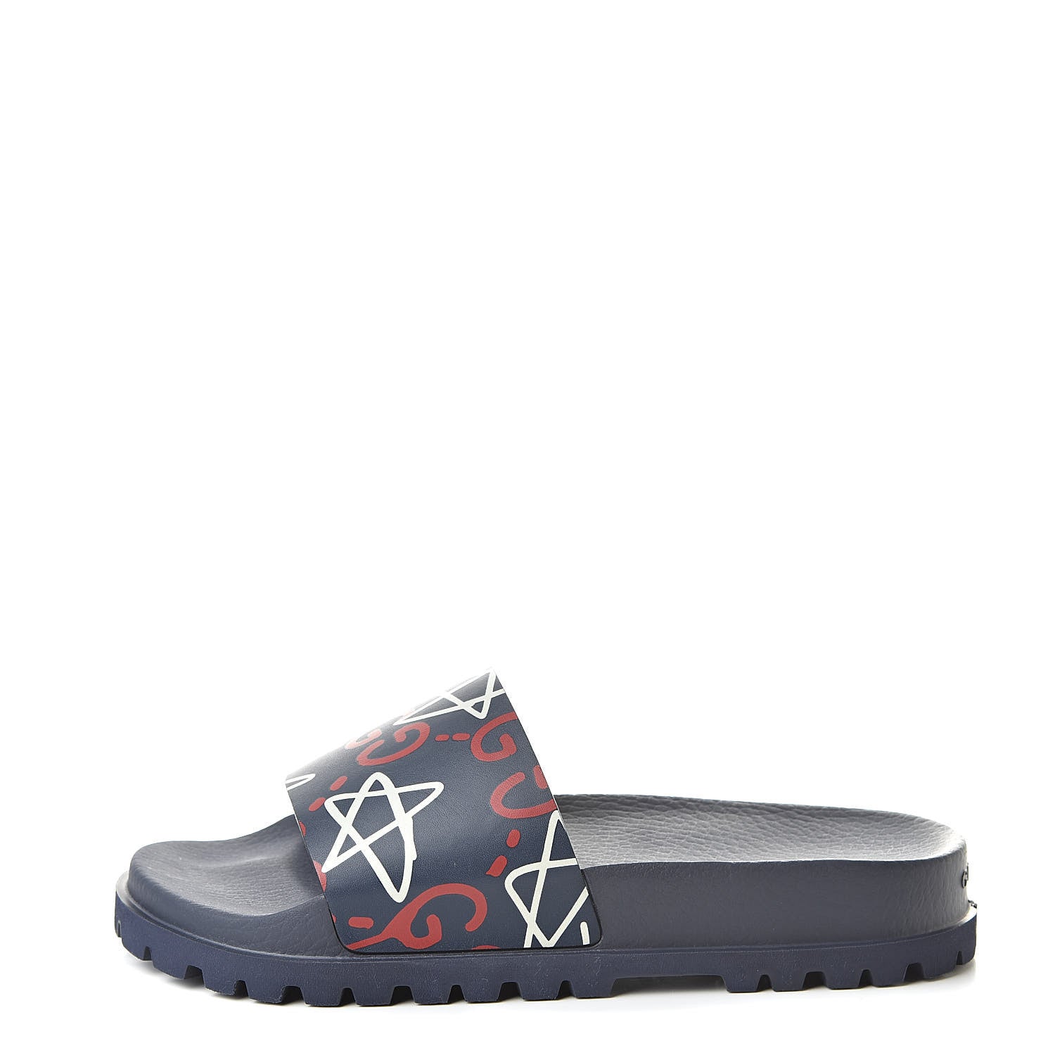 Gucci Calfskin Rubber GucciGhost Mens Lug Sole Slide Sandals 7 Blue Agata Hibiscus Red 1 of 8